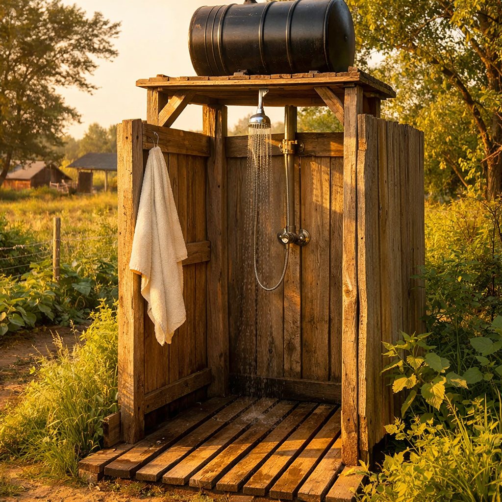 Draußendusche mit Sonnenwärme, Outdoor shower warmed by the sun