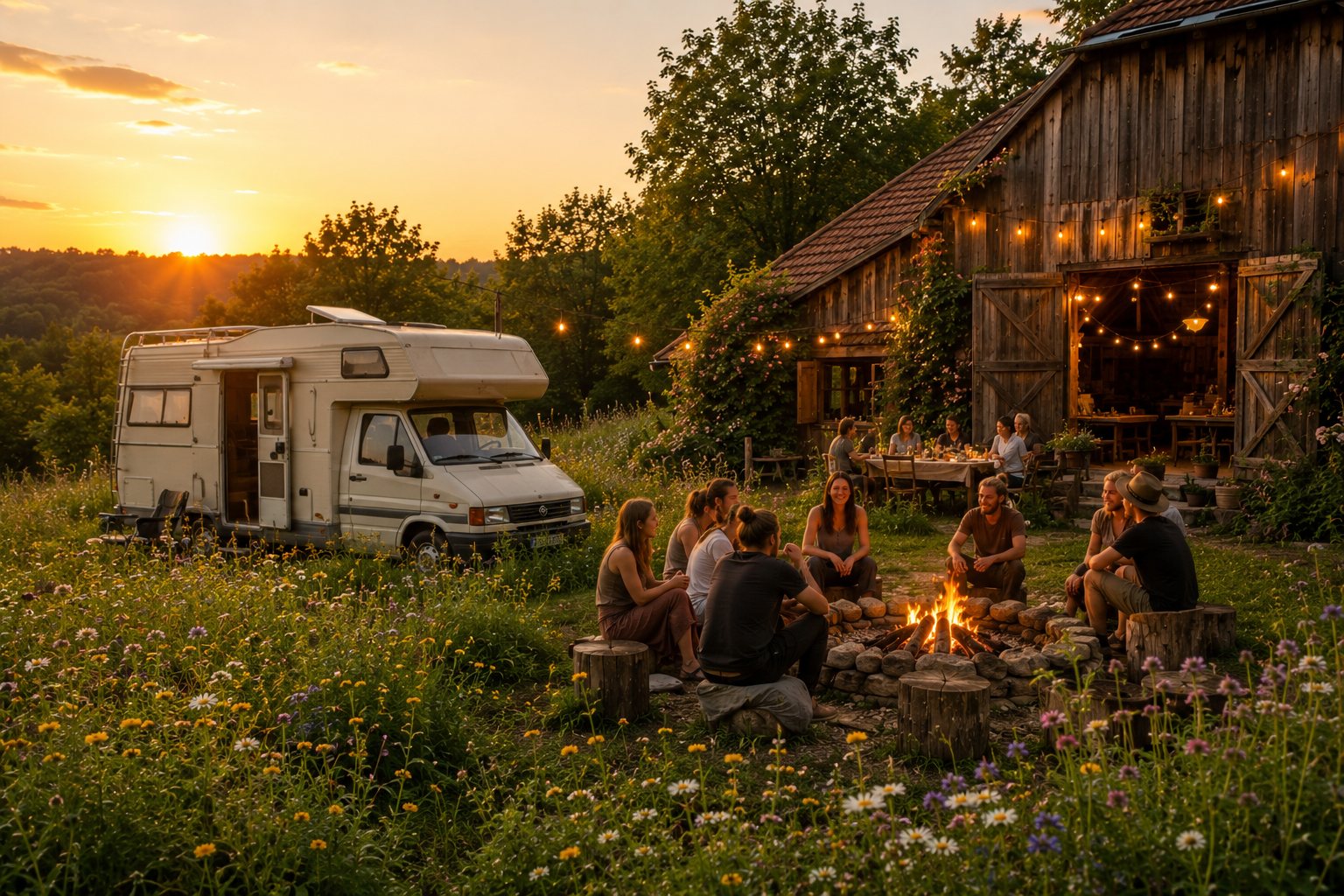 Ein Wohnmobil auf einer Blumenwiese neben einer alten Scheune mit Lichterketten, Gäste am Feuer, Abendsonne