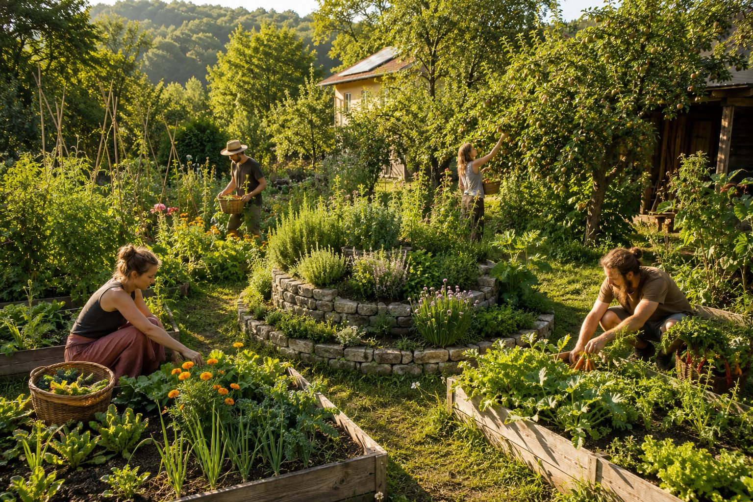 Ein üppiger Bauerngarten mit Hochbeeten, Kräuterspirale und Obstbäumen, Menschen bei der Ernte, warmes Sommerlicht