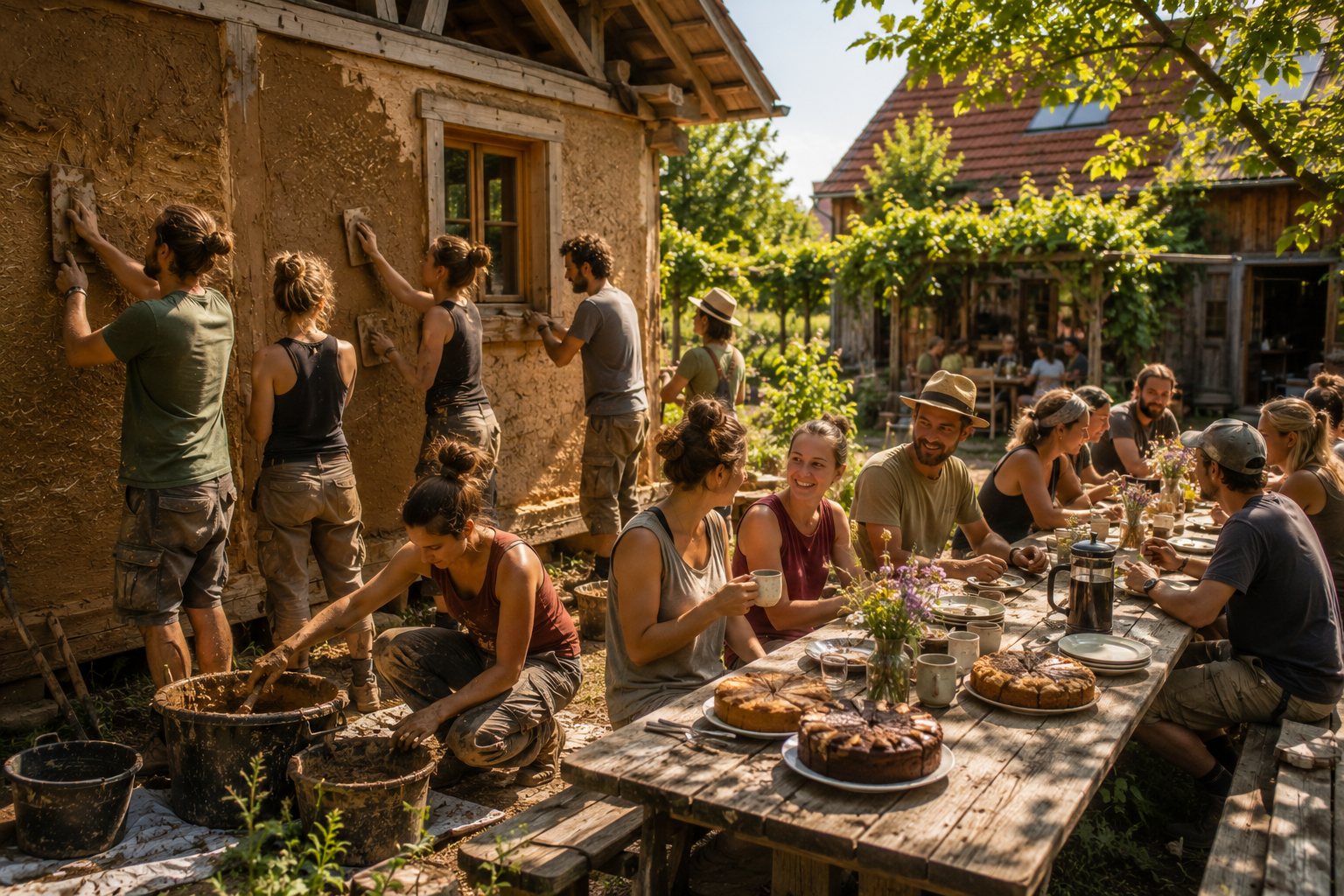 Menschen lernen gemeinsam Lehmverputzen an einer Wand, daneben ein Hofcafé mit Kuchen auf dem Holztisch, Sonnenlicht