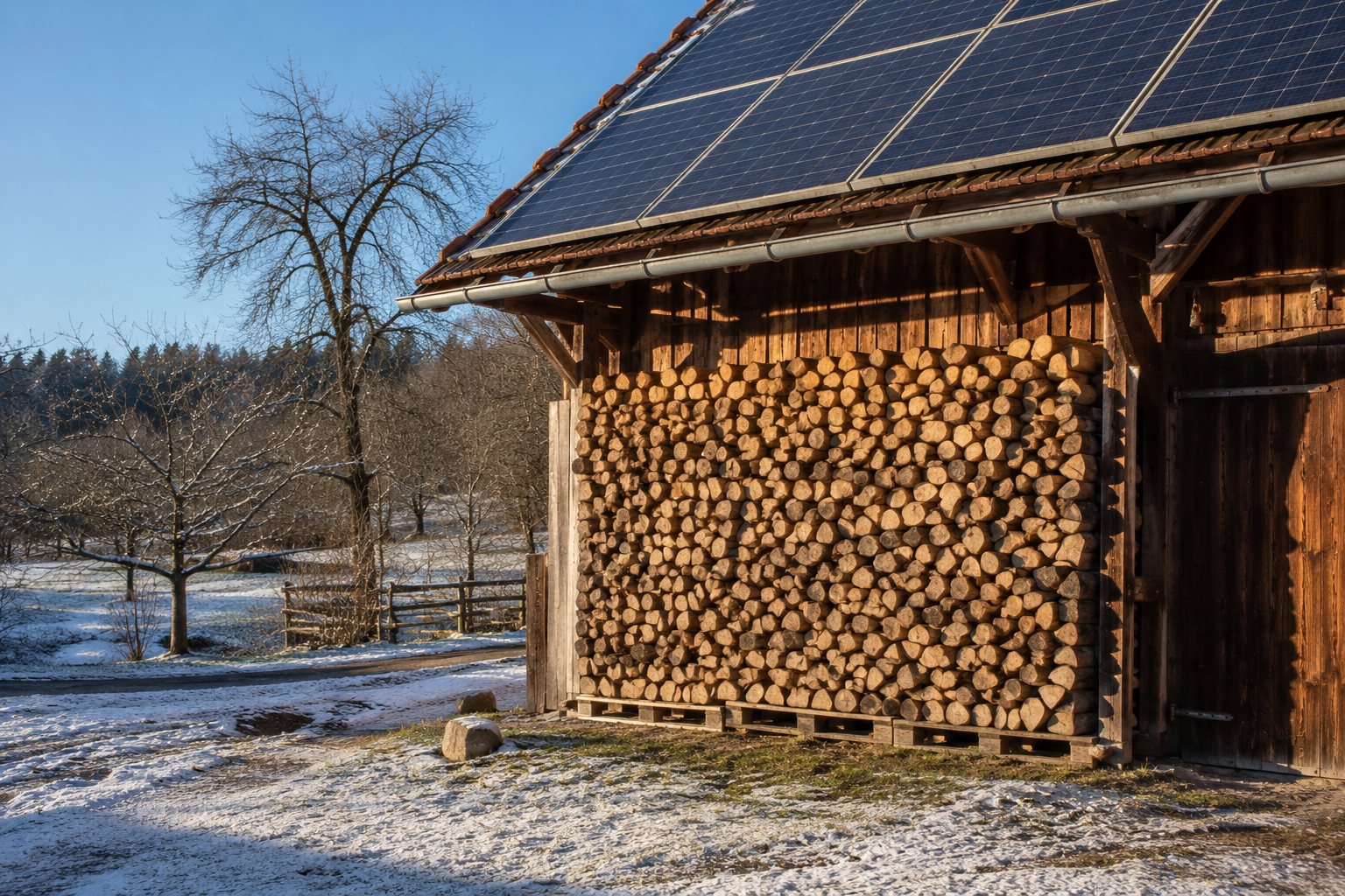 Ein aufgeschichteter Brennholzstapel unter einem Scheunendach, darüber Solarmodule auf dem Dach, klares Winterlicht