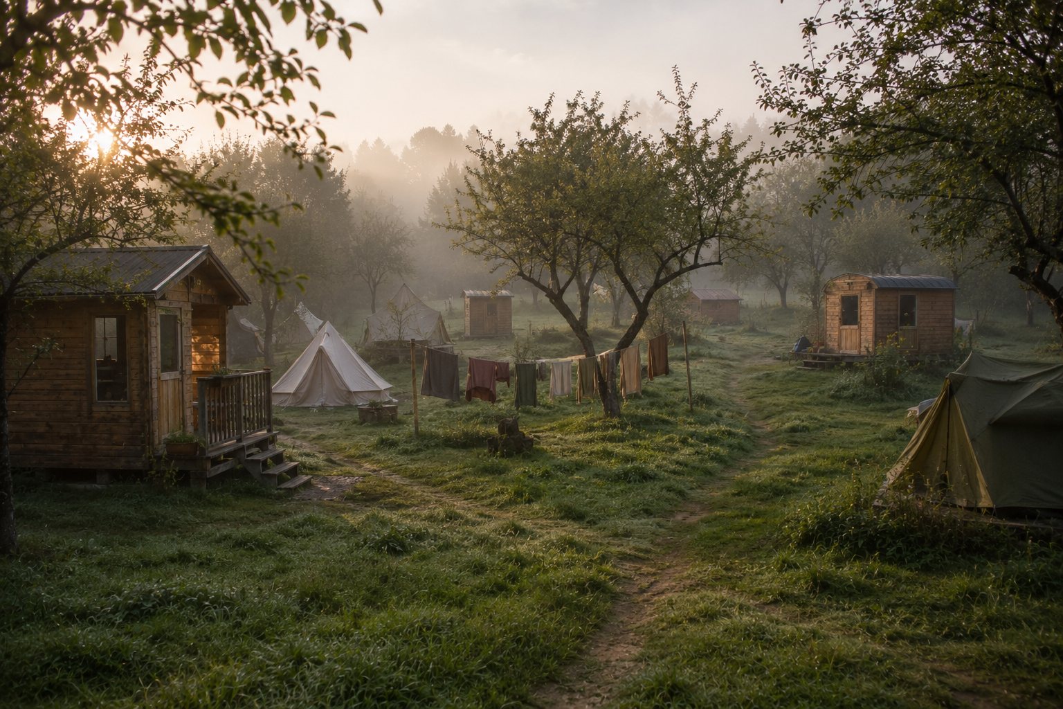 Kleine Holzhäuschen und Zelte auf einer Streuobstwiese, eine Wäscheleine dazwischen, Morgennebel