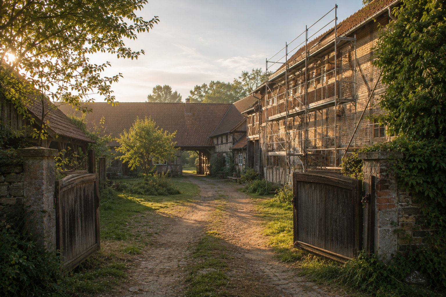 Ein alter Vierseithof von außen im Morgenlicht, ein Baugerüst an einer Fassade, das Hoftor steht offen