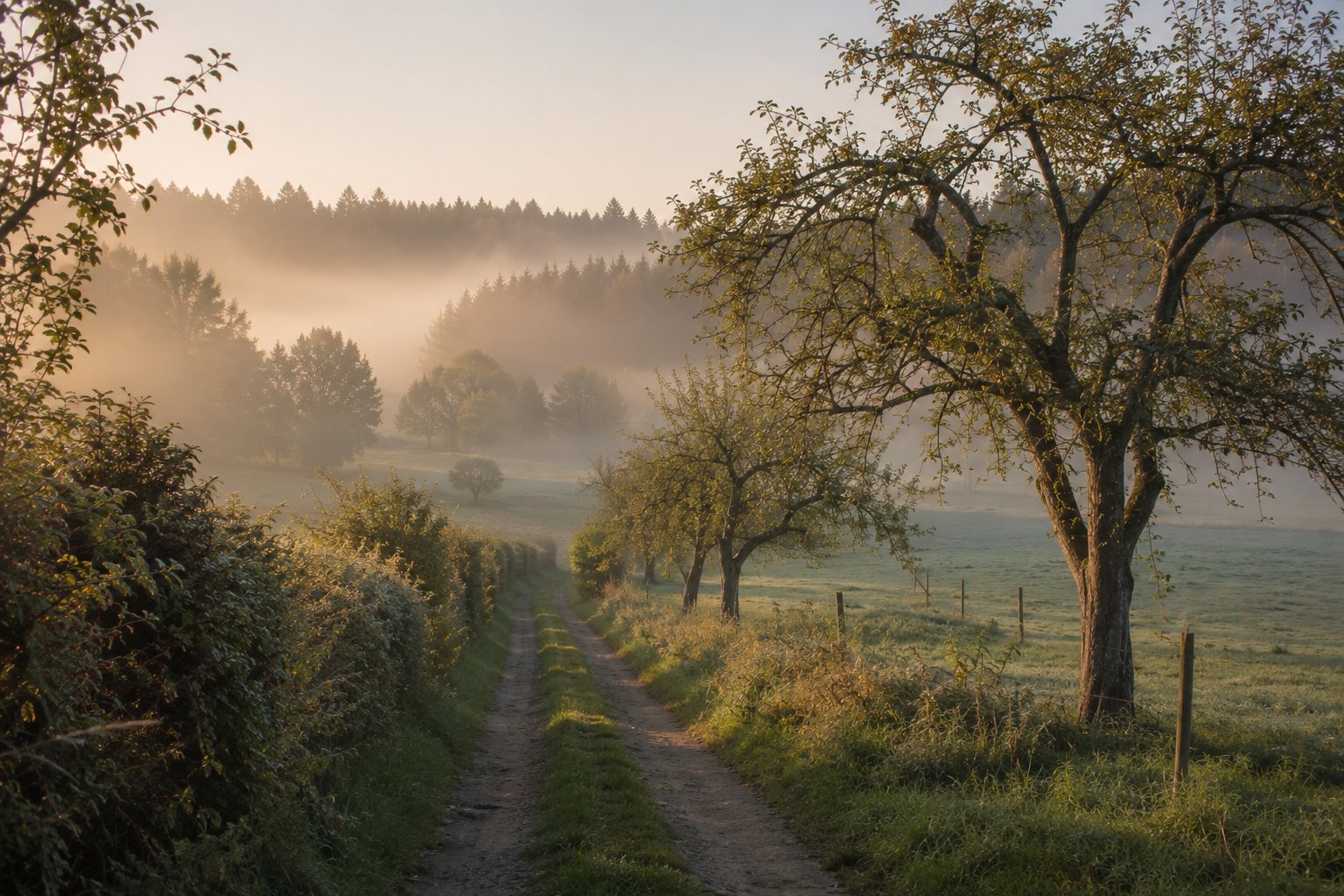 Ein Feldweg zwischen Hecken und alten Obstbäumen, dahinter Weiden und ein Waldrand, Nebel am frühen Morgen