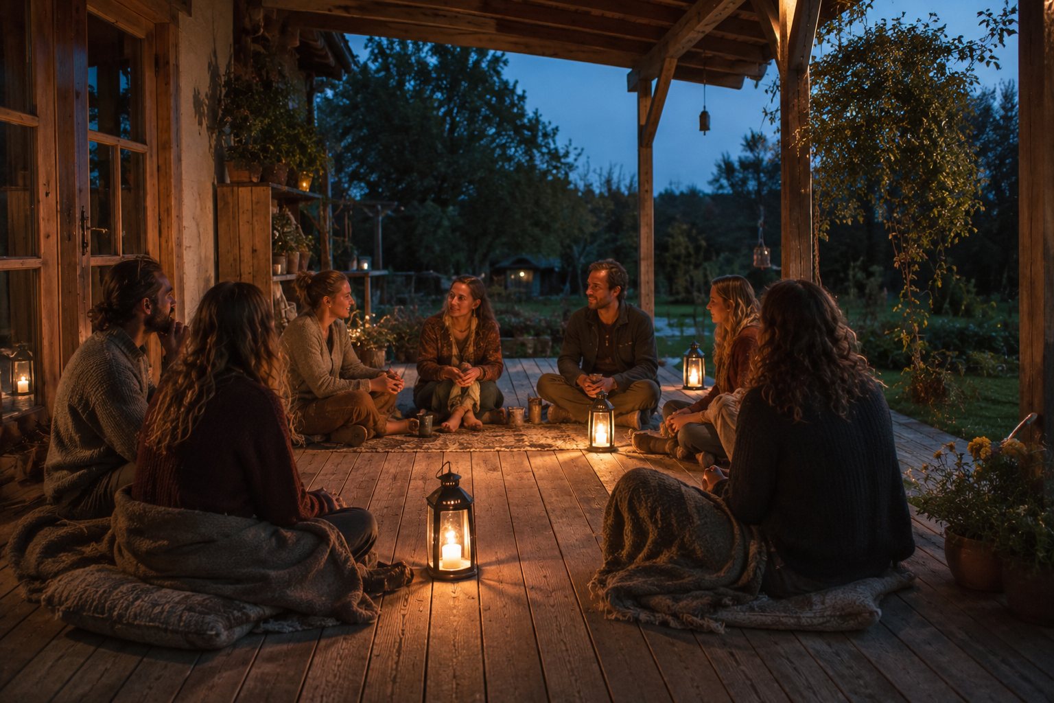 Menschen sitzen abends im Kreis auf einer Holzveranda, Laternen und Wolldecken, ruhiges Gespräch