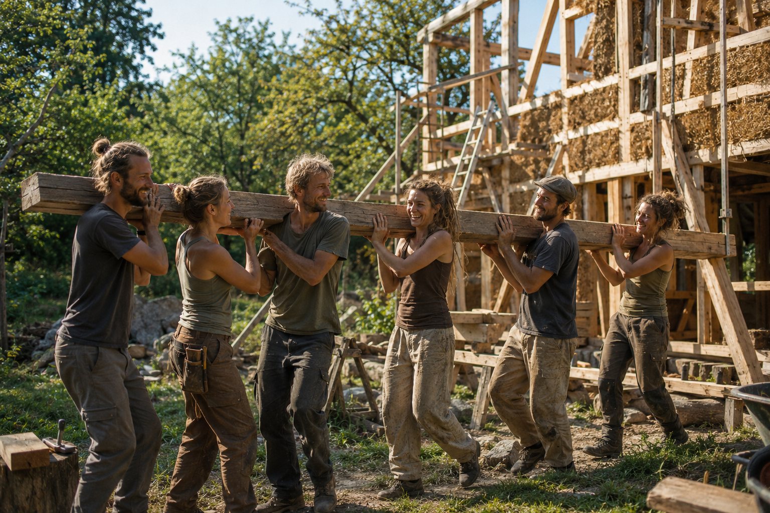 Mehrere Menschen tragen gemeinsam einen schweren Holzbalken über eine Baustelle, sie lachen, Sommerlicht