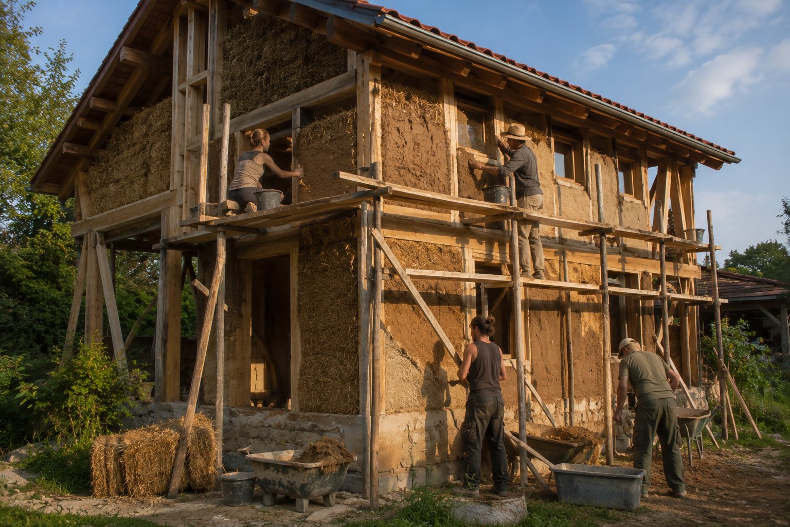 Ein Fachwerkhaus im Rohbau mit Strohballen und Lehmputz, ein Holzgerüst davor, Menschen bei der Arbeit