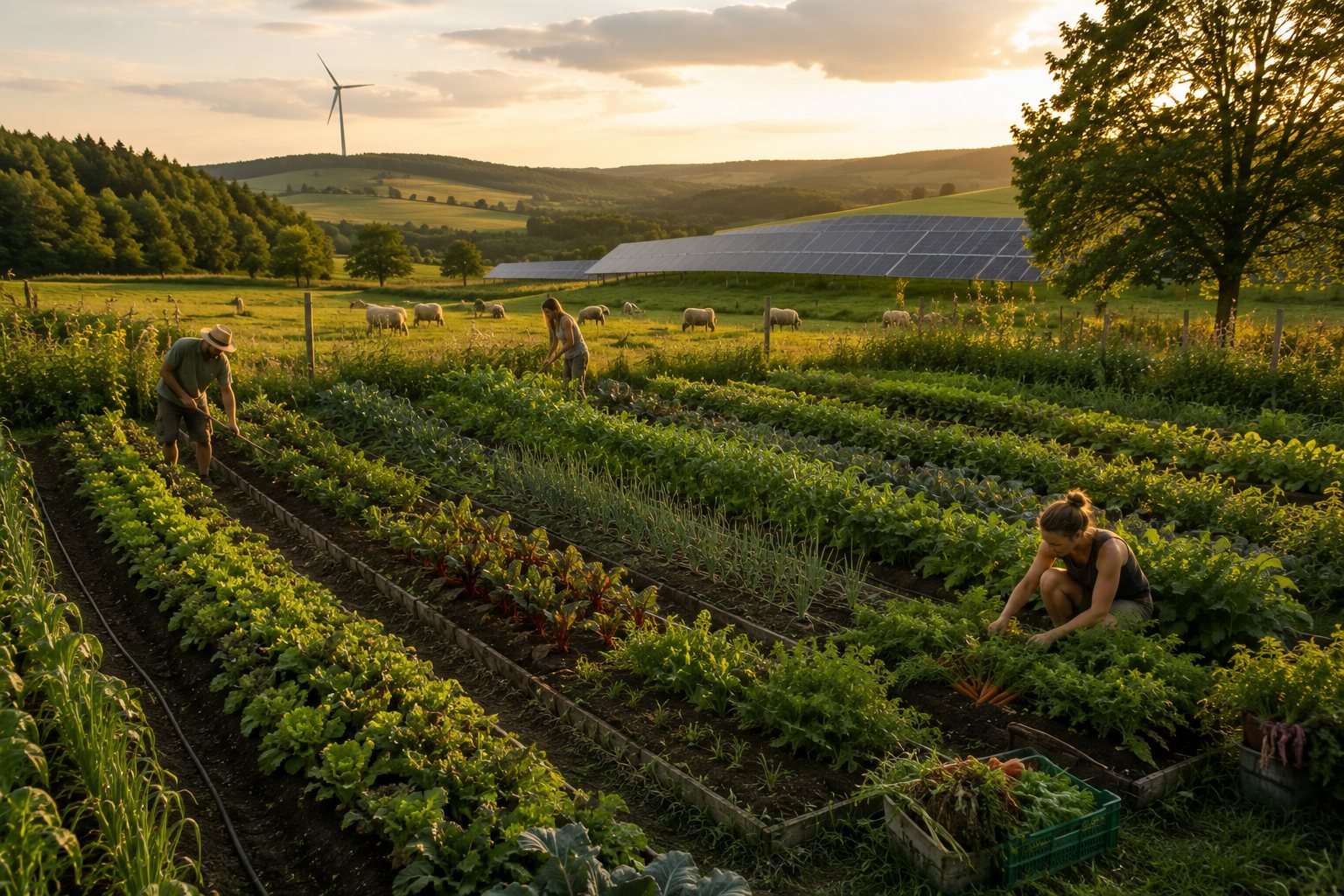 Ein Marktgarten in schmalen Beeten, dahinter Solarmodule mit Schafen und ein Windrad am Horizont, weite Landschaft