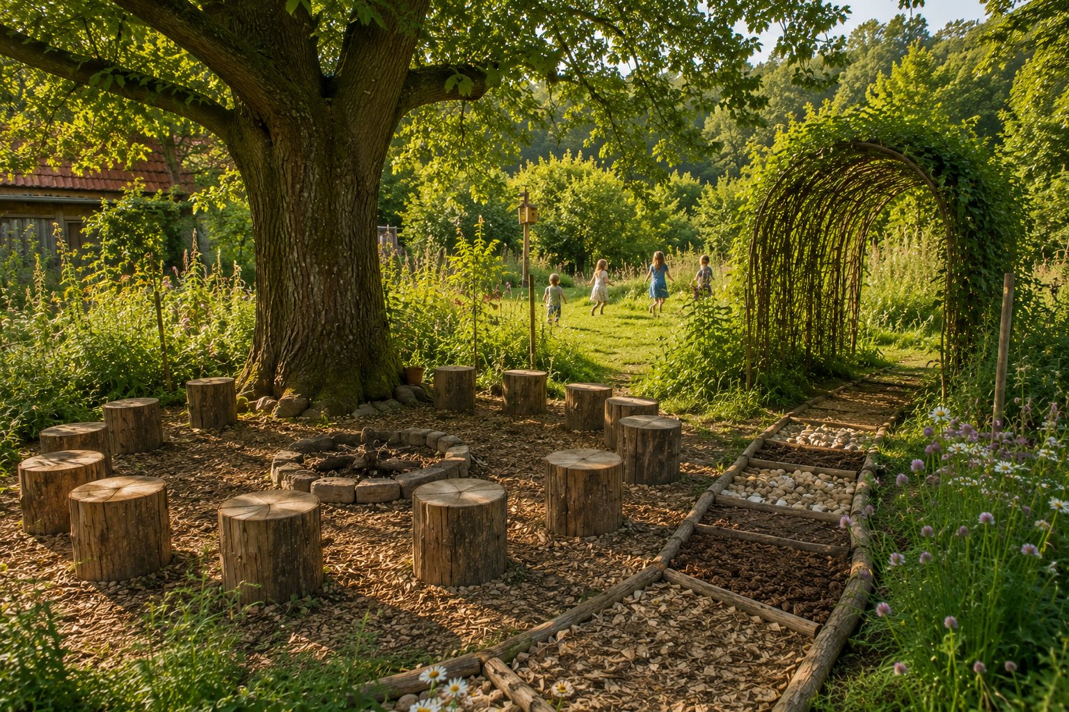 Ein Sitzkreis aus Holzscheiben um einen alten Baum, daneben ein Barfußpfad und ein Weidentunnel, spielende Kinder in der Ferne