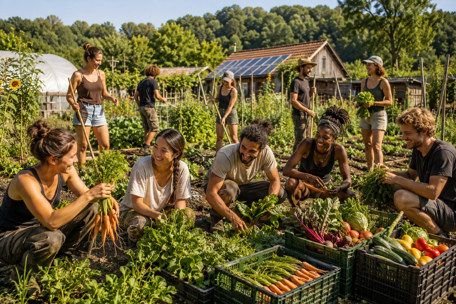 Junge Menschen aus verschiedenen Ländern arbeiten gemeinsam im Gemüsegarten, Lachen, Erntekisten, Sommerlicht
