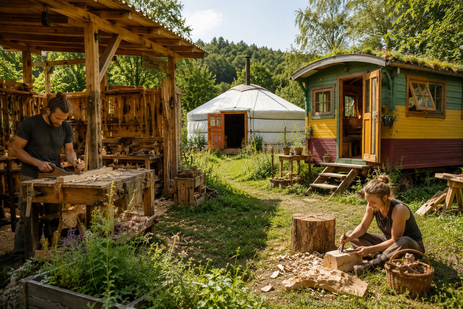Eine offene Holzwerkstatt und ein Bauwagen auf einer Wiese, dahinter eine Jurte, Handwerkszeug, freundliches Tageslicht