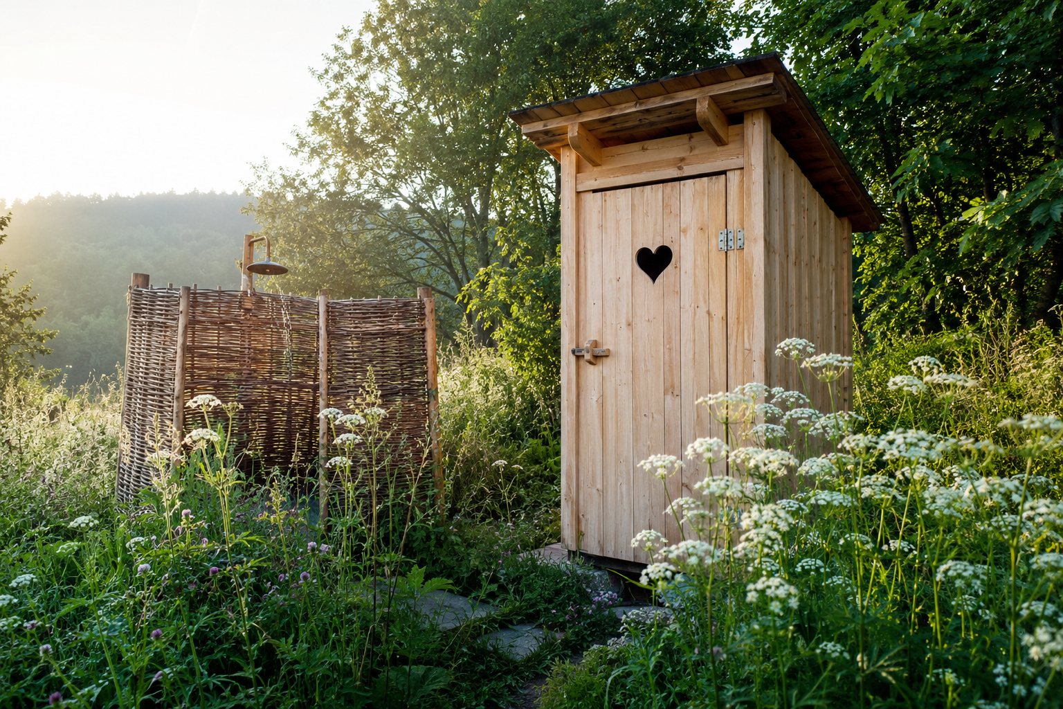 Ein Kompostklo aus Holz mit Herz in der Tür steht zwischen Wildblumen, daneben eine Außendusche aus geflochtener Weide, weiches Morgenlicht