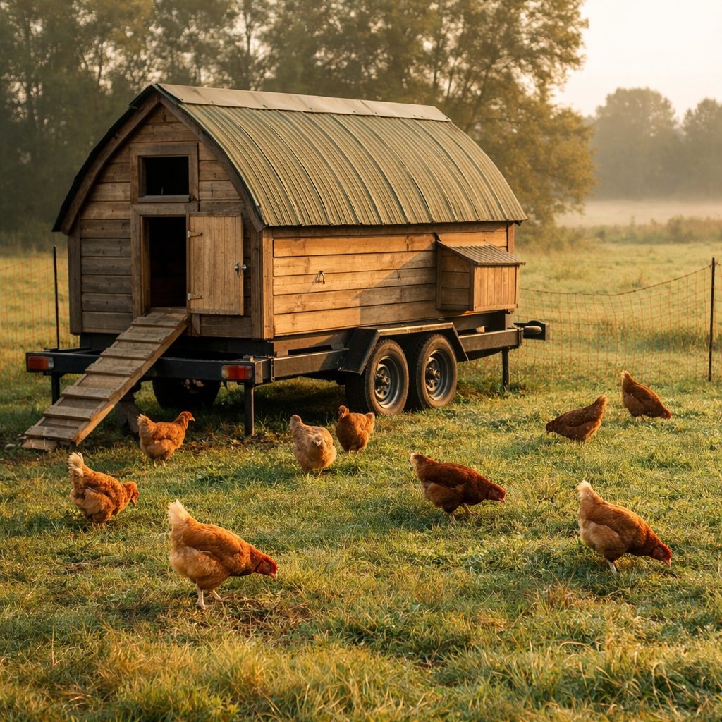 Hühner im Mobilstall, Chickens in a mobile coop