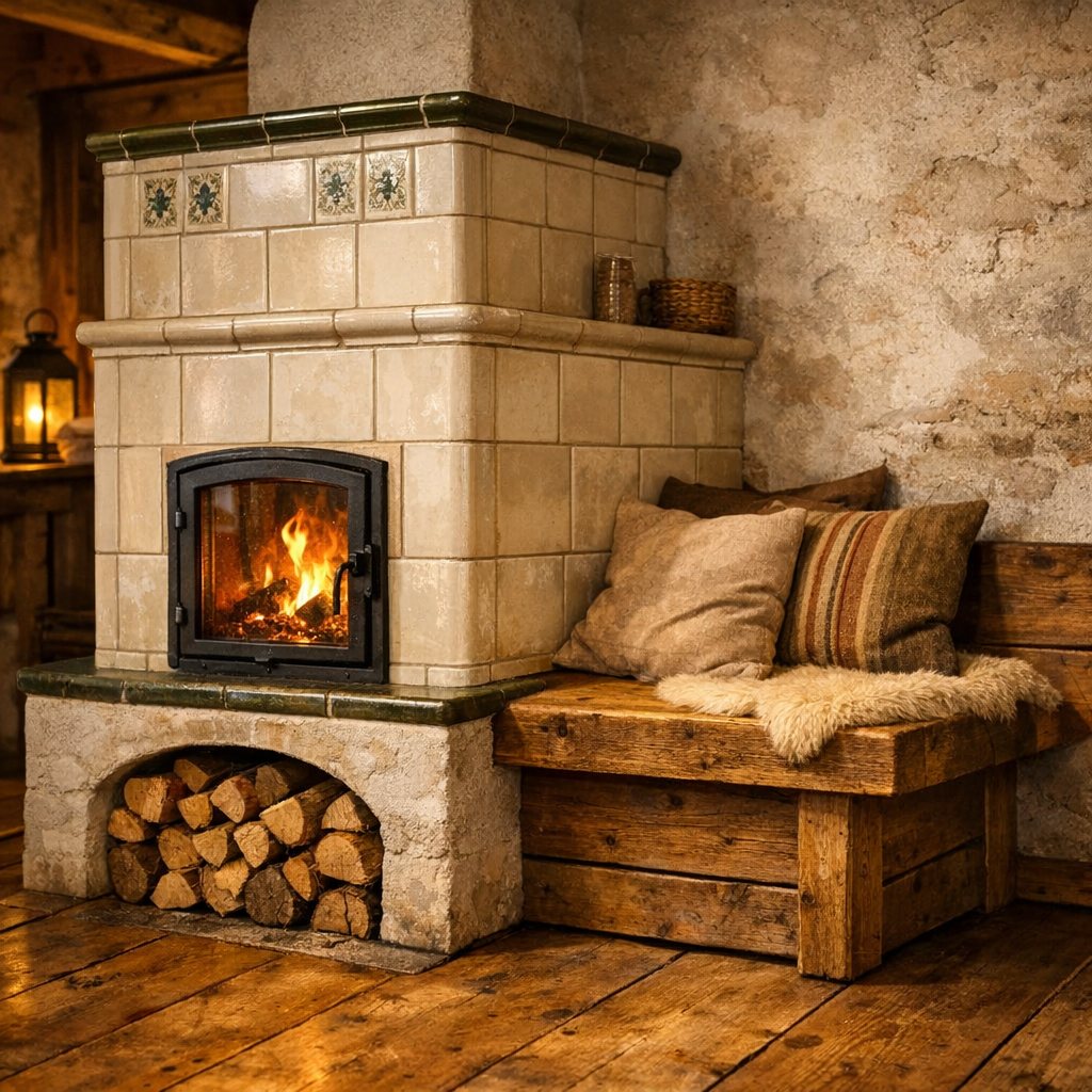 Kamin und Grundofen, Wood stove and masonry heater