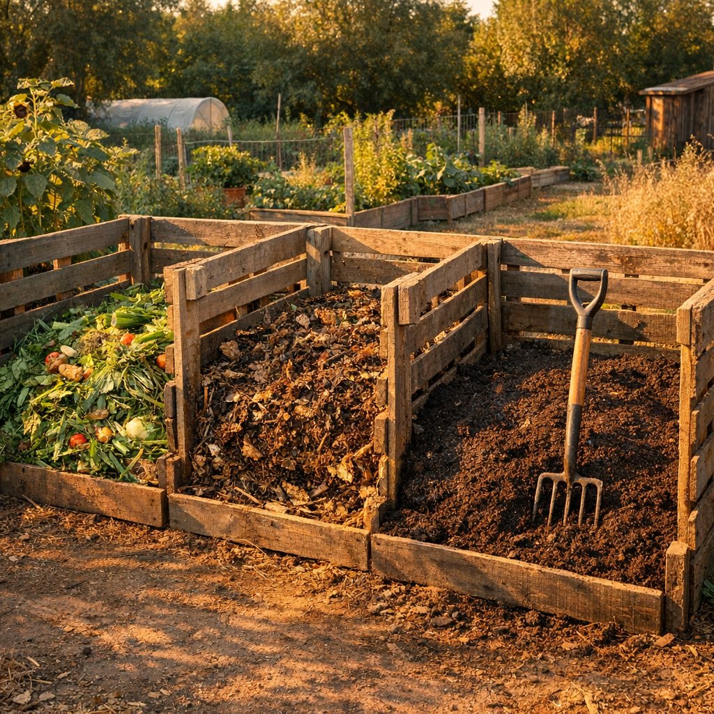 Kompostplatz mit drei Kammern, Compost area with three bays