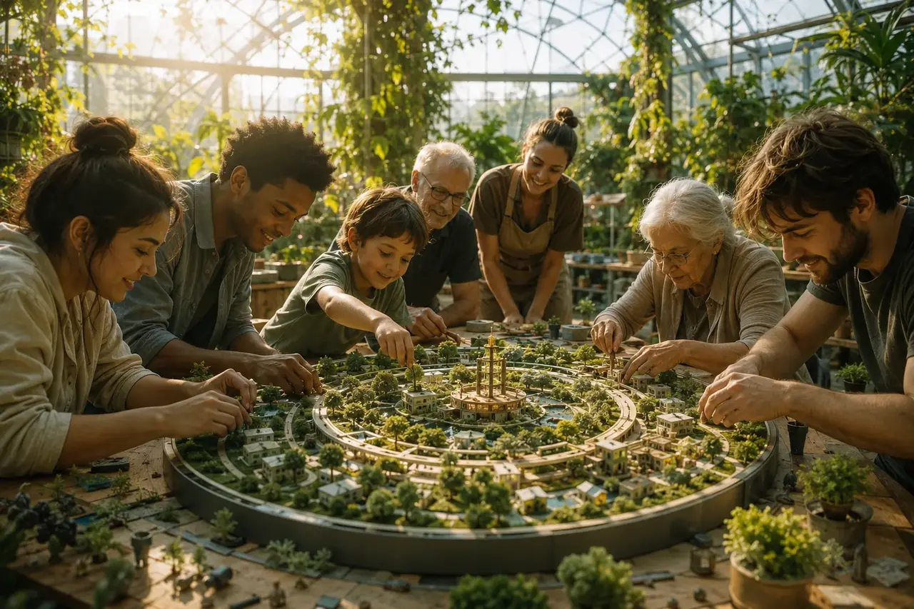 Menschen verschiedenen Alters bauen gemeinsam am Modell einer grünen Stadt