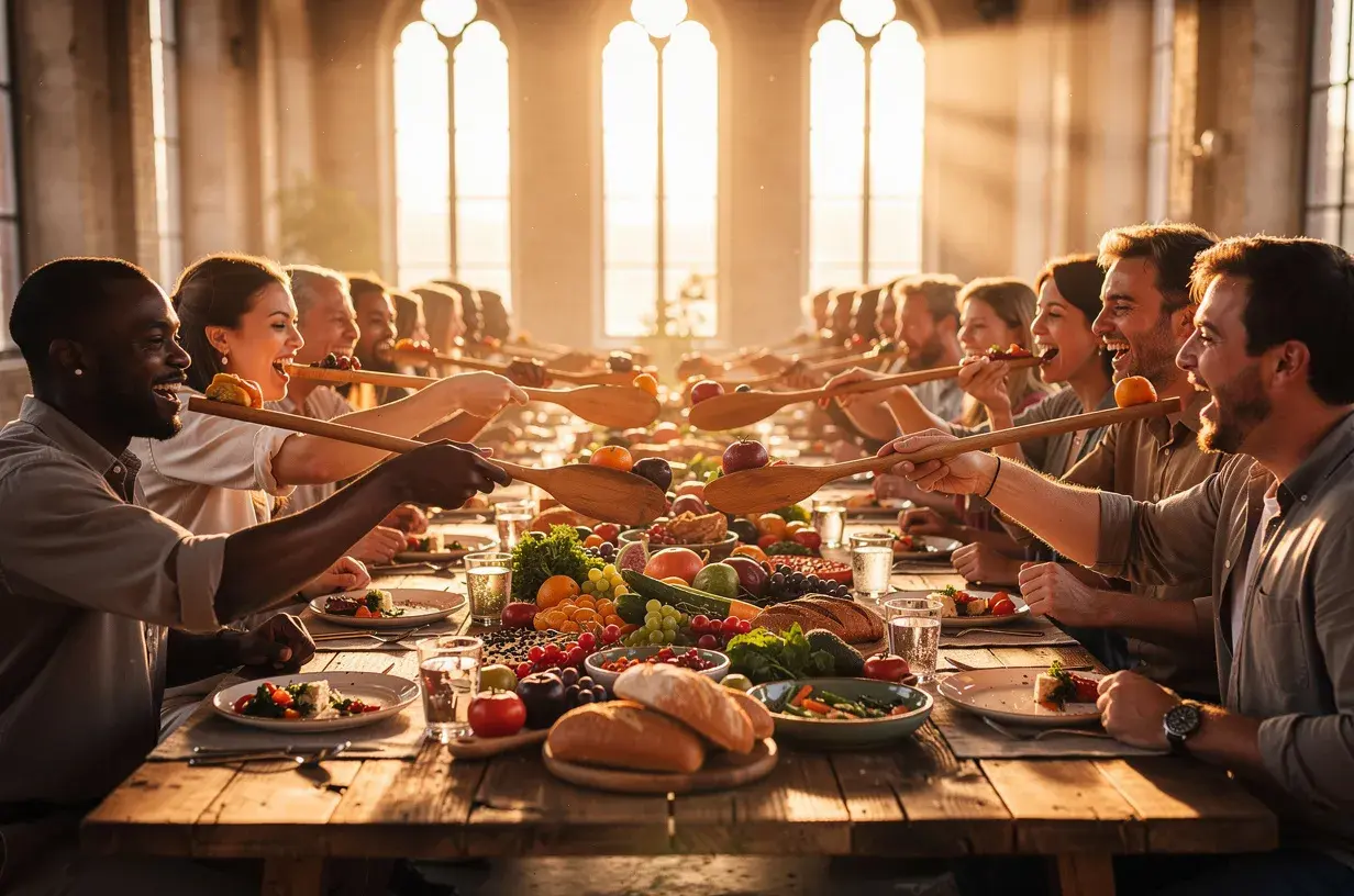 Eine lange, gedeckte Tafel, an der viele Menschen gemeinsam essen