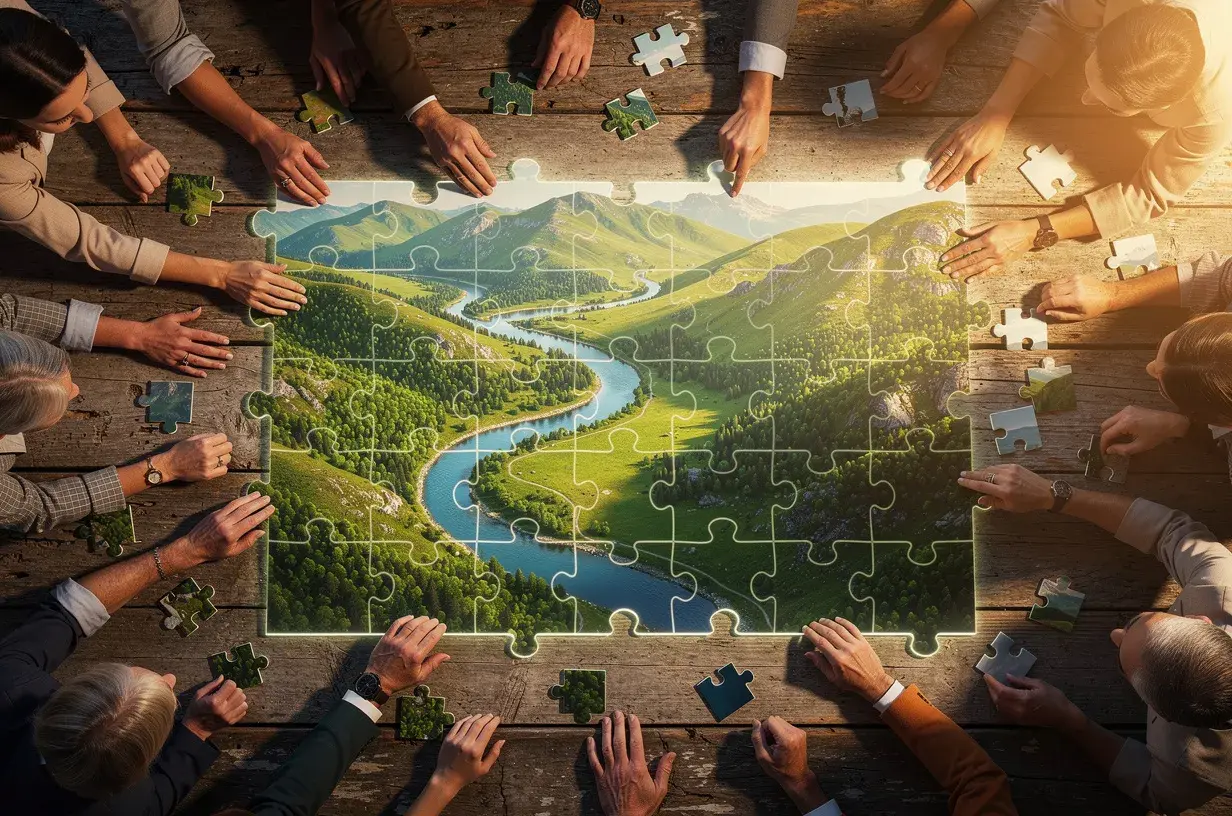 Viele Hände setzen gemeinsam ein leuchtendes Puzzle zusammen