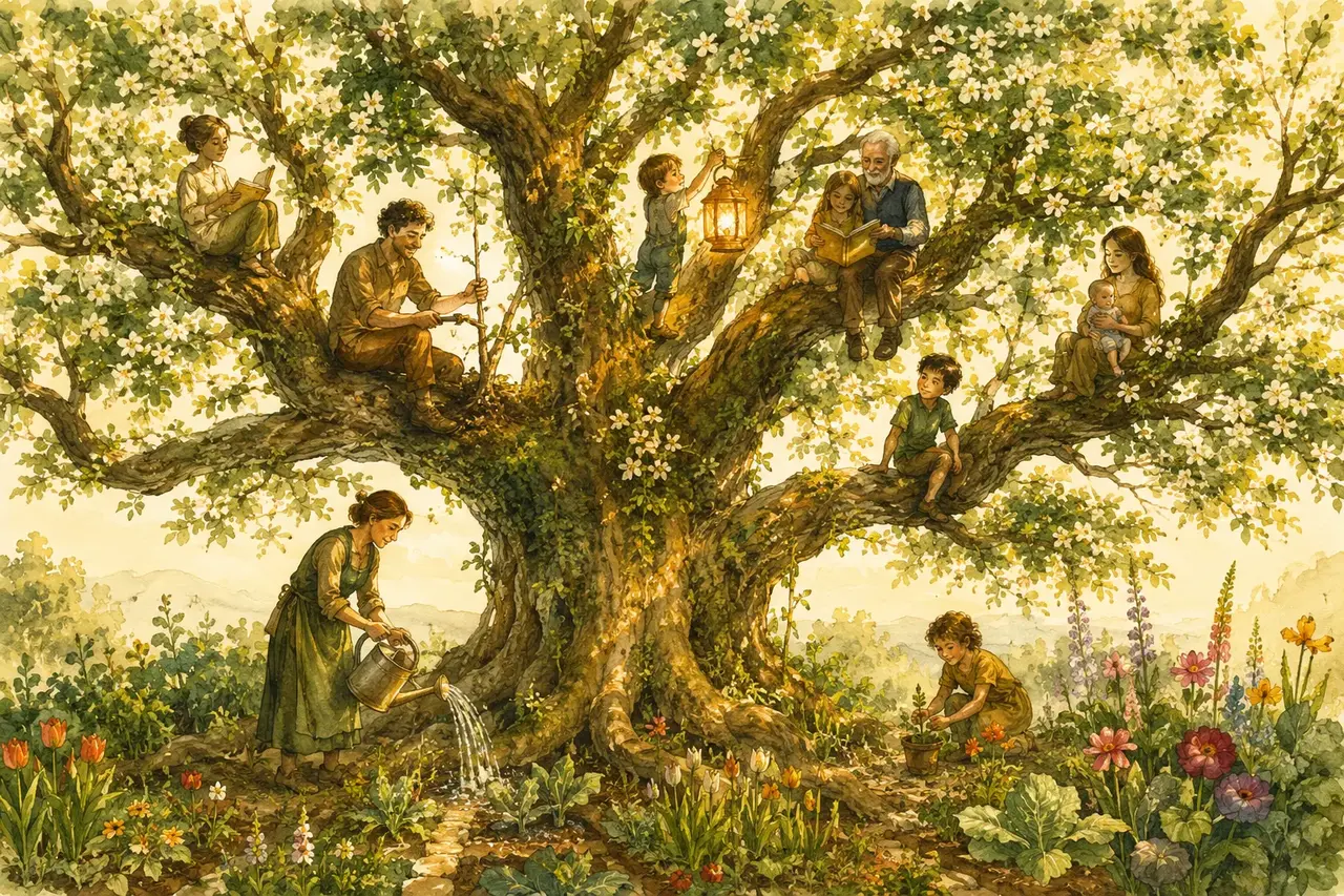 Illustration: Menschen pflegen gemeinsam einen blühenden Baum und gießen seine Wurzeln