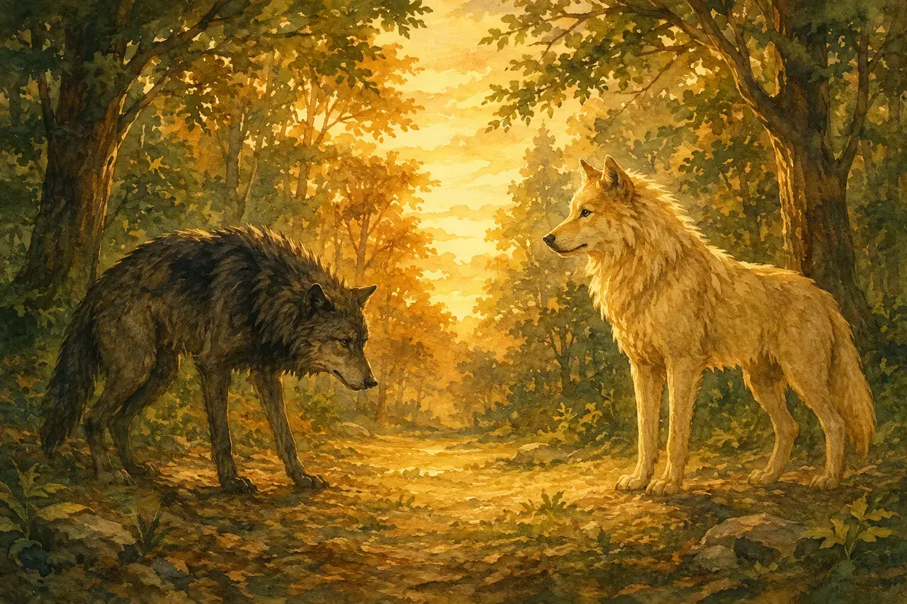 Illustration: Zwei Wölfe auf einer Waldlichtung im Abendlicht, ein dunkler und ein heller