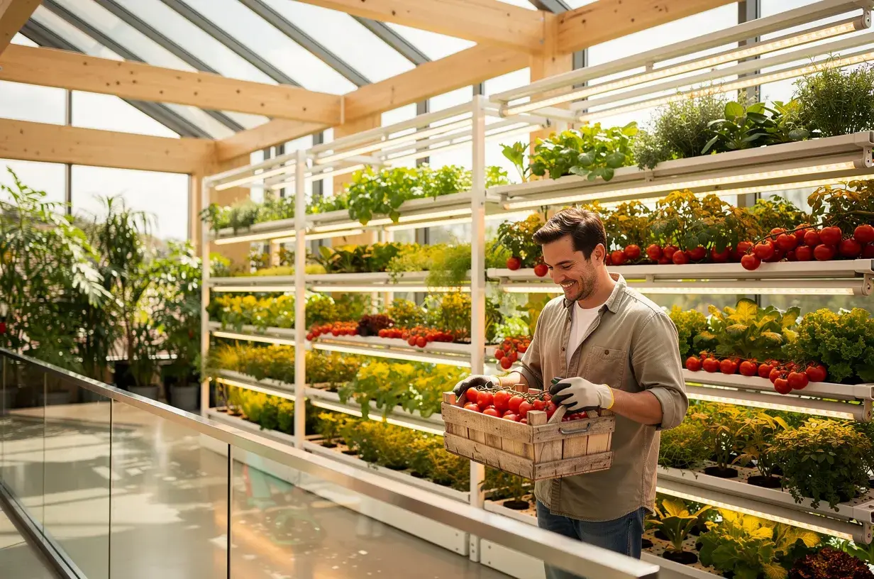 Vertikale Farm mit reifem Gemüse