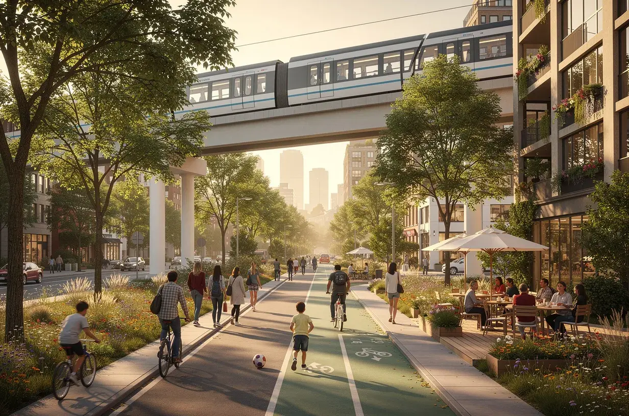 Grüner Boulevard mit leiser Hochbahn