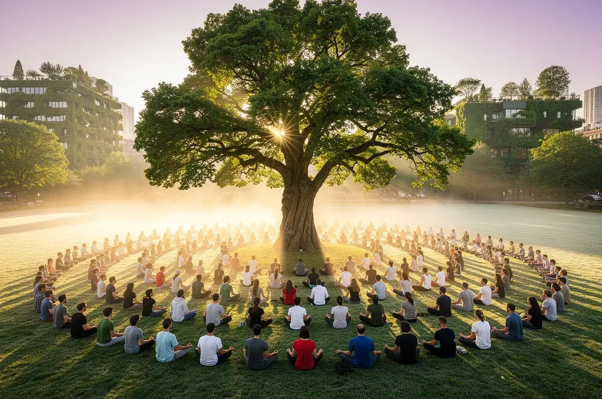 Hunderte Menschen meditieren gemeinsam im Park bei Sonnenaufgang