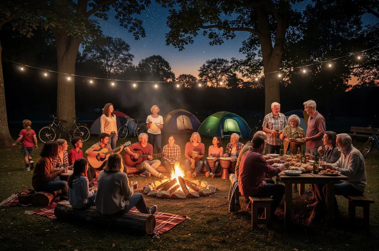 Abendliches Fest im Park mit Musik und Feuer