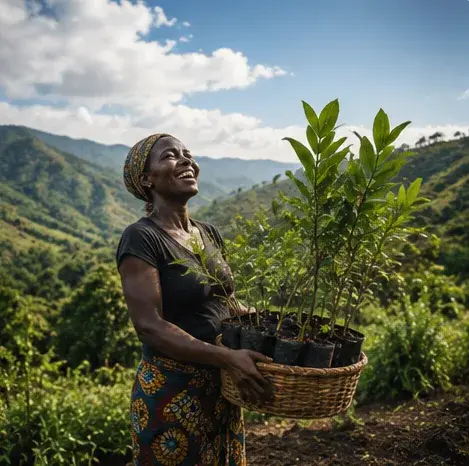 Wangari Maathai mit Setzlingen