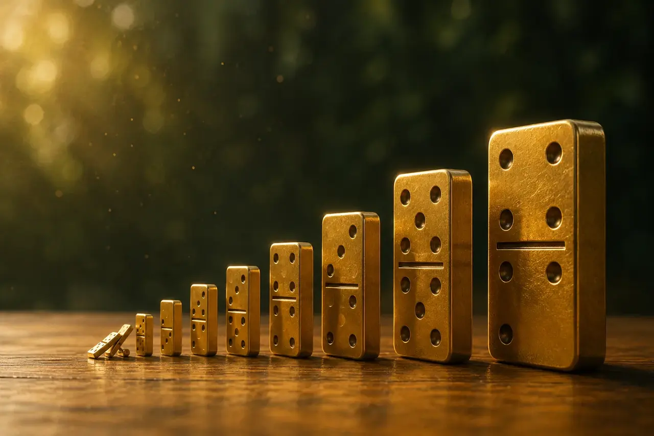 Goldene Dominosteine in einer Reihe, der kleinste kippt gerade