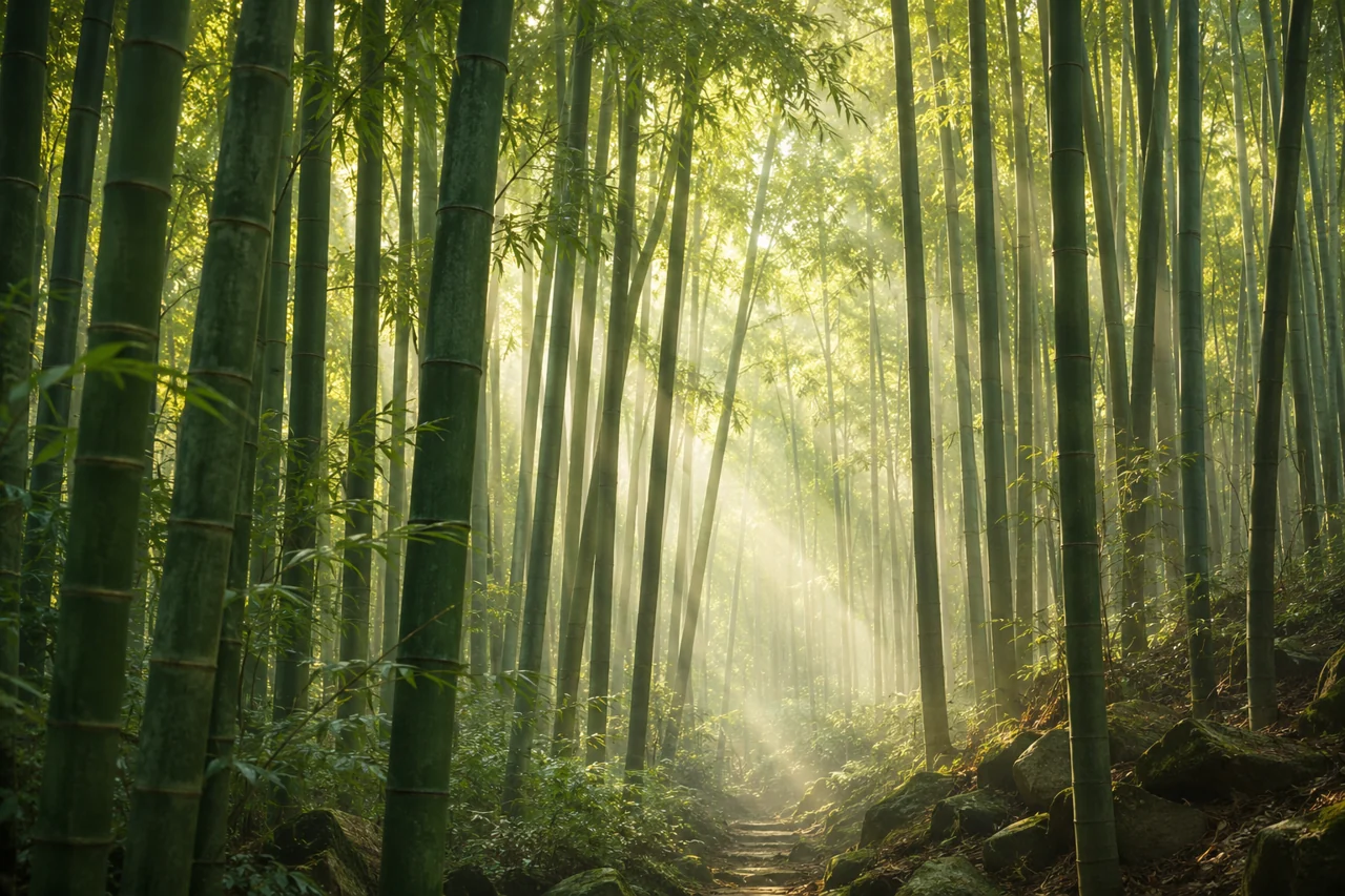 Ein dichter Hain hoher grüner Bambusstäbe mit Sonnenstrahlen im Morgenlicht
