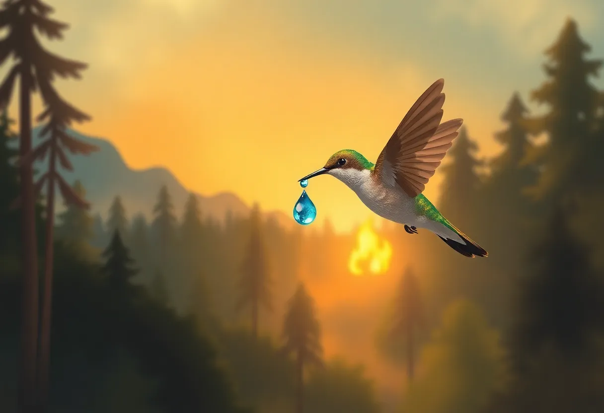 Ein kleiner Kolibri trägt einen Wassertropfen zu einem fernen Waldbrand