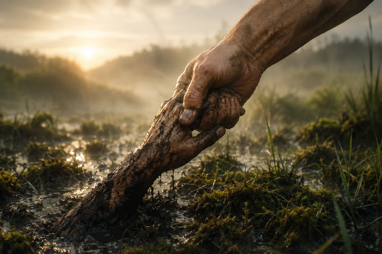 Eine Hand reicht einer anderen Hand über nebligem Moorland und zieht sie heraus