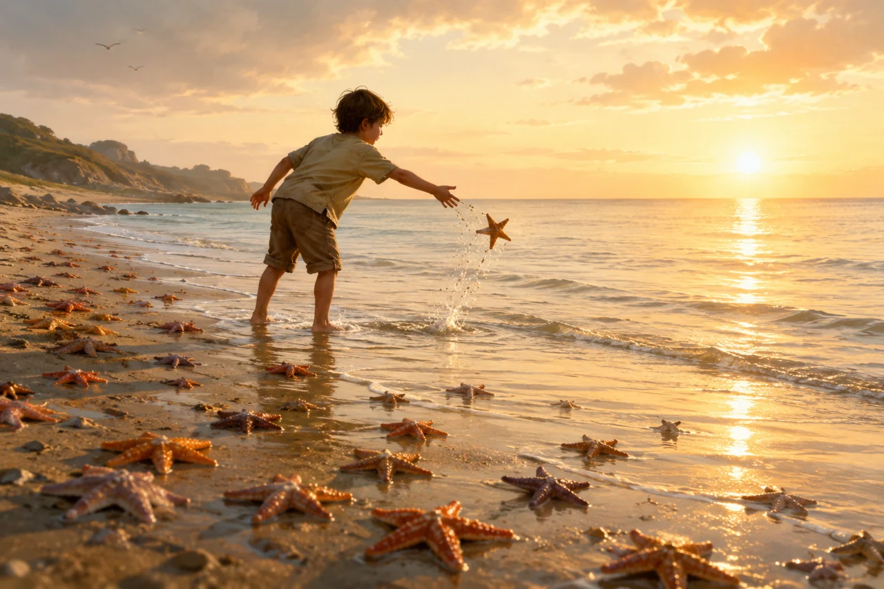 Ein Kind wirft am Strand einen Seestern zurück ins Meer